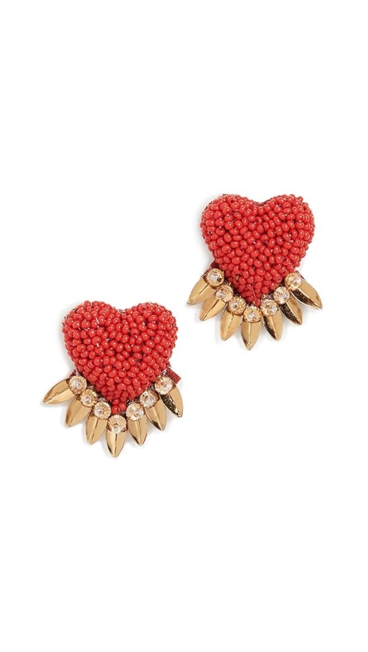 Deepa Gurnani Danika Beaded Heart Fringe Stud Earrings Red Gold Crystal OS